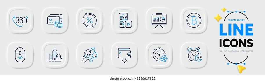 Loan percent, Alarm and Inspect line icons for web app. Pack of Presentation, Wallet, Scroll down pictogram icons. Phone app, Freezing timer, Petrol station signs. Money, 360 degree, Bitcoin. Vector