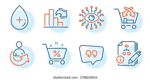 Loan percent, Decreasing graph and Cross sell signs. Quote bubble, Share and Artificial intelligence line icons set. Algorithm, Oil serum symbols. Chat comment, Referral person. Vector