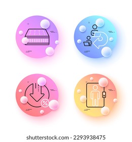 Porcentaje de préstamo, trabajo delegado e iconos mínimos de línea de Mattress. botones de esferas o bolas 3d. Iconos del ascensor. Para web, aplicación, impresión. Tasa de disminución, trabajo compartido, almohadilla para dormir. Vector