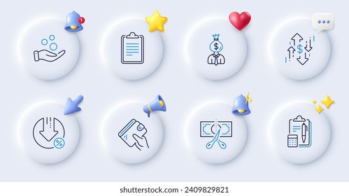 Loan percent, Donation money and Cut tax line icons. Buttons with 3d bell, chat speech, cursor. Pack of Dollar rate, Clipboard, Accounting icon. Manager, Wallet pictogram. Vector