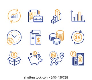 Loan percent, Flight sale and 3d chart icons simple set. Vacancy, Post package and Money currency signs. Payment, Diagram graph and Tips symbols. Line loan percent icon. Colorful set. Editable stroke