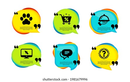 Porcentaje de préstamo, Internet y los iconos de mensajes de texto conjunto simple. Burbuja del discurso con citas. Comida de restaurante, pepita de perro y carteles de caza de cabeza. Carro de compras, monitor con cursor, burbuja de chat. Vector