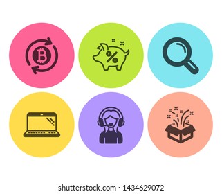 Loan percent, Laptop and Refresh bitcoin icons simple set. Research, Support and Gift signs. Piggy bank, Computer. Flat loan percent icon. Circle button. Vector