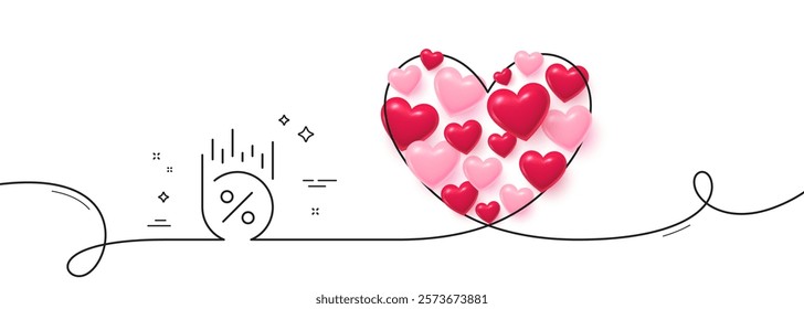 Loan percent line icon. Continuous line big heart. Discount sign. Credit percentage symbol. 3d hearts in heart shaped loop. Loan percent single line ribbon. Loop curve pattern. Vector
