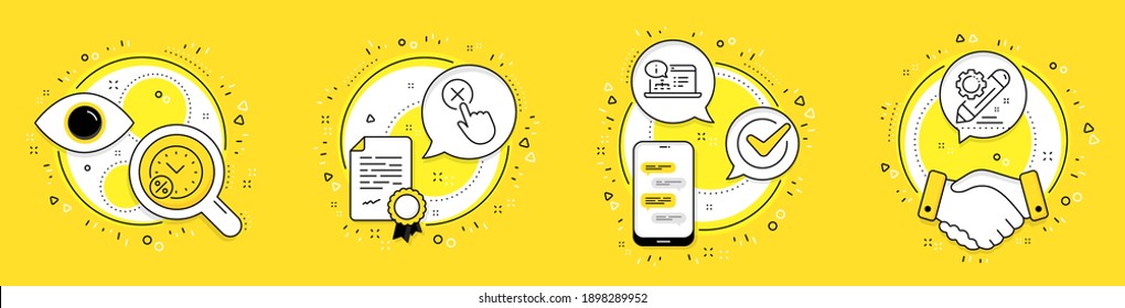 Loan percent, Reject click and Online documentation line icons set. Licence, cell phone and deal vector icons. Project edit sign. Discount, Delete button, Web engineering. Settings. Vector