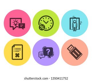Loan percent, Reject file and Elevator icons simple set. Question mark, Idea lamp and Usb flash signs. Discount, Decline agreement. Technology set. Flat loan percent icon. Circle button. Vector