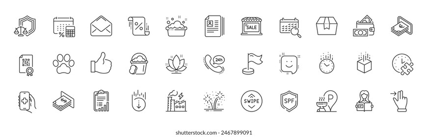 Loan percent, Scroll down and Woman read line icons. Pack of Time, Electricity factory, Milestone icon. 24h service, Spf protection, Search calendar pictogram. Cv documents. Line icons. Vector