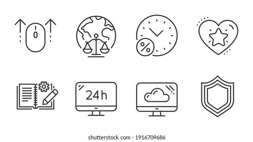 Loan percent, Swipe up and Engineering documentation line icons set. Magistrates court, Security and Ranking star signs. 24h service, Cloud storage symbols. Discount, Scrolling page, Manual. Vector