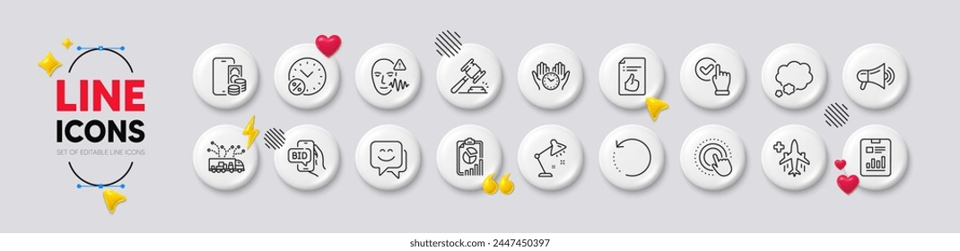 Loan percent, Truck delivery and Report document line icons. White buttons 3d icons. Pack of Approved document, Bid offer, Talk bubble icon. Megaphone, Report, Phone pay pictogram. Vector