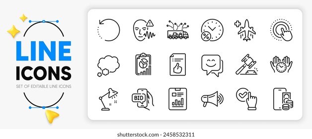 Loan percent, Truck delivery and Report document line icons set for app include Approved document, Bid offer, Talk bubble outline thin icon. Megaphone, Report, Phone pay pictogram icon. Vector