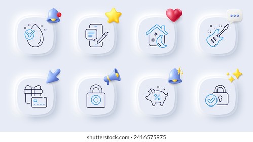 Loan percent, Water drop and Electric guitar line icons. Buttons with 3d bell, chat speech, cursor. Pack of Gift card, Phone chat, Verified locker icon. Copyright locker, Sleep pictogram. Vector