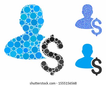 Loan person mosaic of round dots in various sizes and color tinges, based on loan person icon. Vector dots are composed into blue collage. Dotted loan person icon in usual and blue versions.