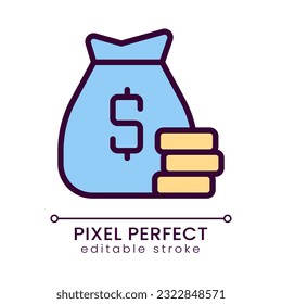 Loan pixel perfect RGB color icon. Bag of money. Banking and finance. Financial operations for business. Isolated vector illustration. Simple filled line drawing. Editable stroke. Poppins font used