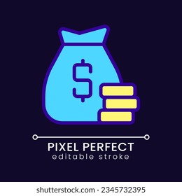 Loan pixel perfect RGB color icon for dark theme. Bag of money. Banking and finance. Savings and investment. Simple filled line drawing on night mode background. Editable stroke. Poppins font used