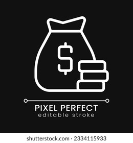 Loan pixel perfect white linear icon for dark theme. Bag of money. Banking, finance. Savings and investment. Thin line illustration. Isolated symbol for night mode. Editable stroke. Poppins font used