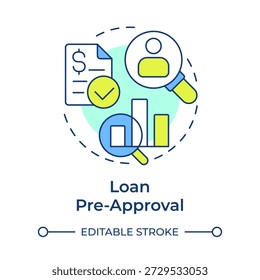 Loan pre-approval multi color concept icon. Market intelligence, data analysis. Financial report. Round shape line illustration. Abstract idea. Graphic design. Easy to use in presentation, booklet