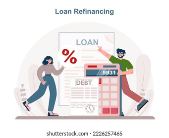 Loan refinancing concept. Credit refunding with getting cash out. Bank-offered financing of purchases. Loan application, credit arrangements. Flat vector illustration