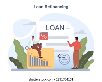 Loan refinancing concept. Credit refunding with getting cash out. Bank-offered financing of purchases. Loan application, credit arrangements. Flat vector illustration