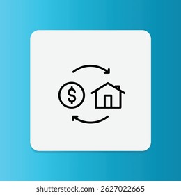 Ícone de refinanciamento de empréstimo com setas ao redor de uma casa e símbolo de dólar.