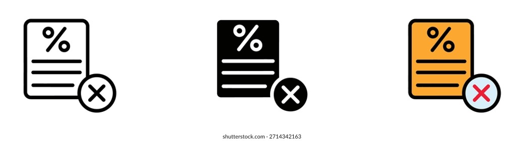 Vector de ícono de rechazo de préstamo. reducción estratégica de deuda y planificación financiera inteligente, alivio fiscal, ofertas de descuento, venta cancelada, símbolo No válido del código de promoción. Ilustración vectorial.