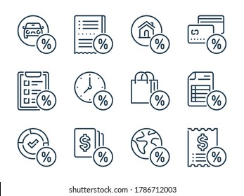 Juego de iconos de línea de vector relacionados con el préstamo. Iconos de contorno de tarifas. Colección de iconos de impuestos.