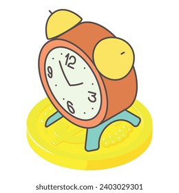 Icono de reembolso de préstamos vector isométrico. Reloj de alarma retro redondo en moneda de oro. Dinero, tiempo, finanzas, economía