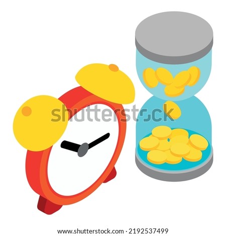 Loan repayment icon isometric vector. Alarm clock and hourglass with coin inside. Money, finance, business, time