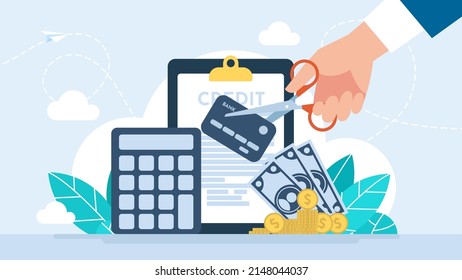 Loan repayment. Lending. Loan cancellation. Denial of funding. Lending metaphor. Mortgage or credit form with stamp approved. Bank service abstract concept. Credit rating. Flat vector illustration.