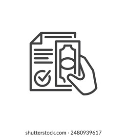 Loan Repayment line icon. linear style sign for mobile concept and web design. Hand holding cash with a paid stamp outline vector icon. Symbol, logo illustration. Vector graphics