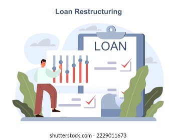 Loan restructuring concept. Credit refunding with reduced interest rate. Bank-offered financing of purchases. Loan application, credit arrangements. Flat vector illustration