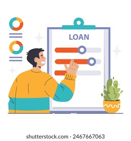 Loan Restructuring concept. Man optimistically adjusts loan terms, seeking financial flexibility and solutions. Flat vector illustration