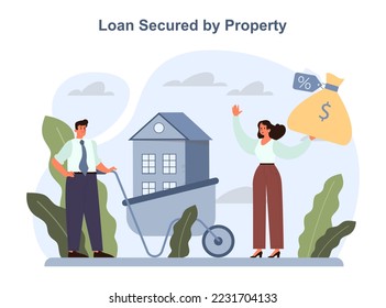 Loan secured by property type. Bank-offered financing of purchases against property. Loan application, credit arrangements. Flat vector illustration