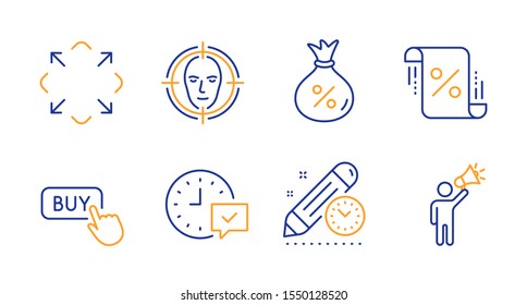 Loan, Select alarm and Maximize line icons set. Face detect, Loan percent and Buy button signs. Project deadline, Brand ambassador symbols. Money bag, Time symbol. Technology set. Vector