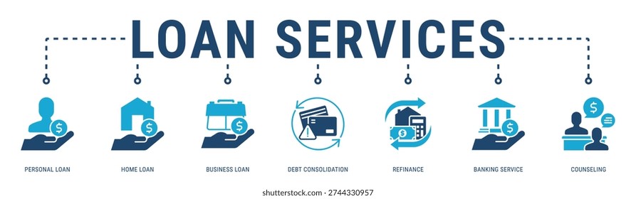 Loan Services web banner icon vector illustration with Personal Loan, Home Loan, Business Loan, Debt Consolidation, Refinance and Banking Service