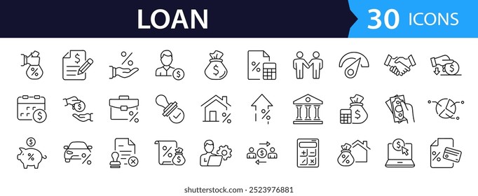 Loan set of web icons in line style. Loan and Credit linear icon collection. Containing loan, money, credit rating, business, leasing, interest, calculator, income, banking and more. Editable stroke