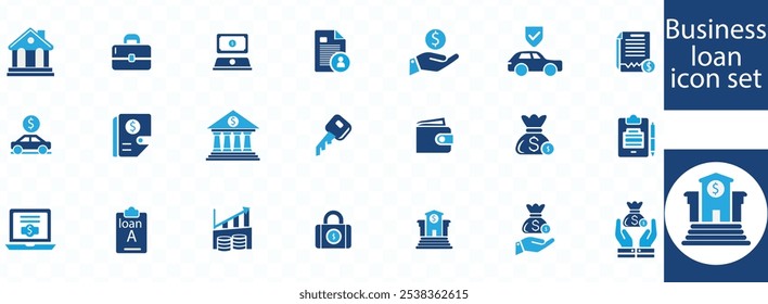 Conjunto de empréstimos de ícones da Web em estilo de linha. Coleção de ícones lineares de Empréstimo e Crédito. Contendo empréstimo, dinheiro, avaliação de crédito, negócios, leasing, juros, calculadora, renda, bancos e muito mais