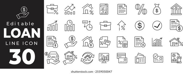  Loan set of web icons in line style. Loan and Credit linear icon collection. Containing loan, money, credit rating, business, leasing, interest, calculator, income, banking and more. Editable stroke