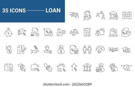 Conjunto de préstamo de iconos web en estilo de línea. Colección de íconos lineales de préstamos y créditos. Contiene préstamos, dinero, calificación crediticia, negocios, arrendamiento, intereses, calculadora, ingresos, banca y más. Trazo editable