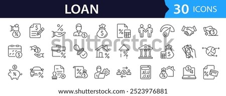 Loan set of web icons in line style. Loan and Credit linear icon collection. Containing loan, money, credit rating, business, leasing, interest, calculator, income, banking and more. Editable stroke