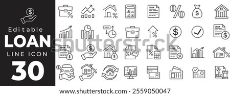  Loan set of web icons in line style. Loan and Credit linear icon collection. Containing loan, money, credit rating, business, leasing, interest, calculator, income, banking and more. Editable stroke