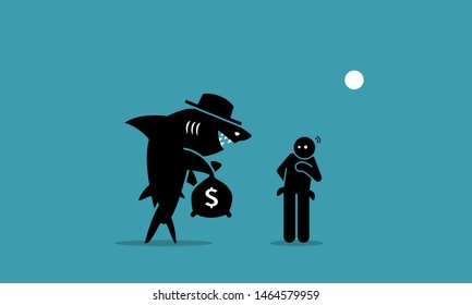 Loan shark and a poor man. Vector artwork depicts a loan shark trying to lend money to a person that has financial difficulties. The man is hesitated and unsure if he want to borrow the money. 