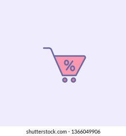 Loan shopping cart icon. Discount percent sign. Credit percentage symbol. Sale icon. Shopping cart, trolley with percent sign. Retail concept. Promotion, special offer, seasonal discounts