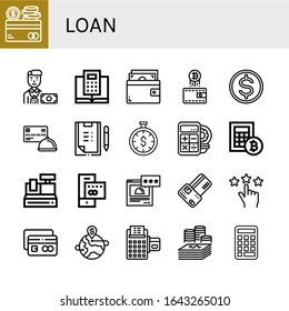 loan simple icons set. Contains such icons as Credit card, Banker, Calculator, Wallet, Budget, Scoring, Time is money, Cash register, Rating, can be used for web, mobile and logo