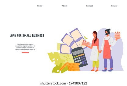 Loan for small business website banner  with entrepreneurs. Credit for  entrepreneurs and owners. Financial support of small business, bank credit for entrepreneurship, flat vector illustration.