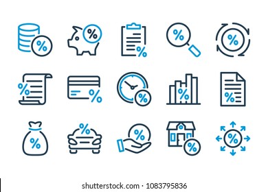 Loan, Tax and Debt related line icons set. Investment, Taxation and Percentage icons. Vector illustration.