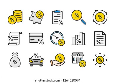 Loan, tax and fees color line icons. Investment and leasing vector linear colorful icon set. Isolated icon collection on white background.