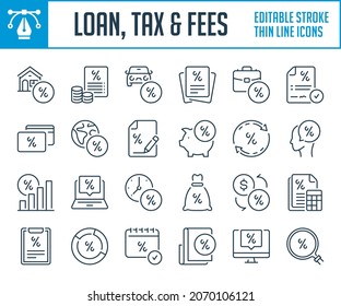 Loan, Tax And Fees Thin Line Icons. Outline Icon Set. Percentage, Discount And Rate Interest Editable Stroke Icons.