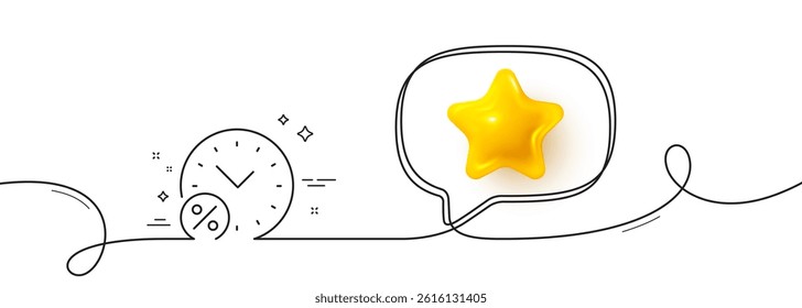 Loan time percent line icon. Continuous line with 3d star. Discount sign. Credit percentage symbol. 3d star in speech bubble. Loan percent single line ribbon. Loop curve pattern. Vector