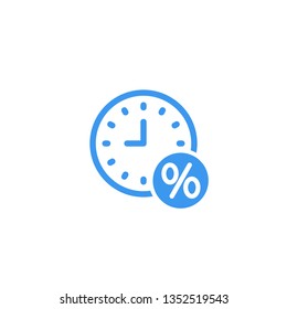 Loan timing icon. Time and interest icon. Clock and percent sign. Banking, Finance concept. Vector illustration for topics like debtor delay, penalty, deadline, business, finance, economy