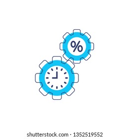 Loan timing icon. Time and interest icon. Clock and percent sign. Banking, Finance concept. Vector illustration for topics like debtor delay, penalty, deadline, business, finance, economy